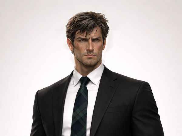 A serious man in a black suit with a plaid tie against a plain background.