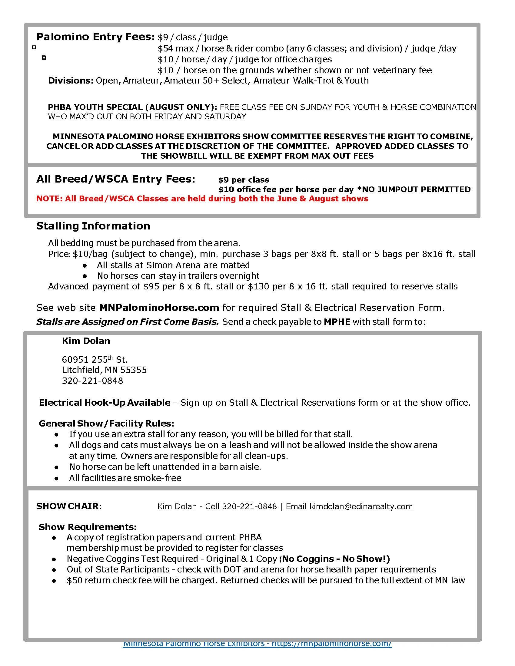 Information on Palomino horse show fees, stalling, rules, and contact details.