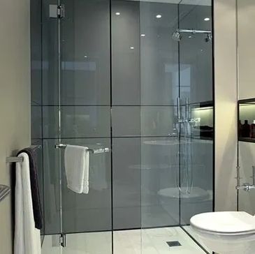 puerta de ducha de vidrio con paño fijo y una puerta de vidrio de abatir.