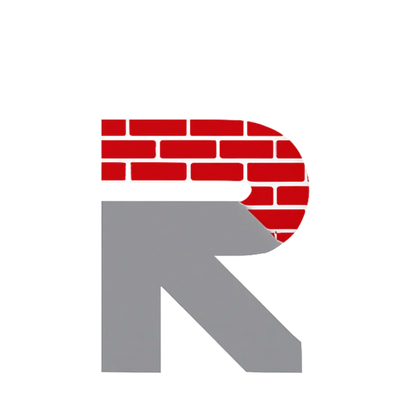 Logo with a gray letter R and red brick pattern on top.
