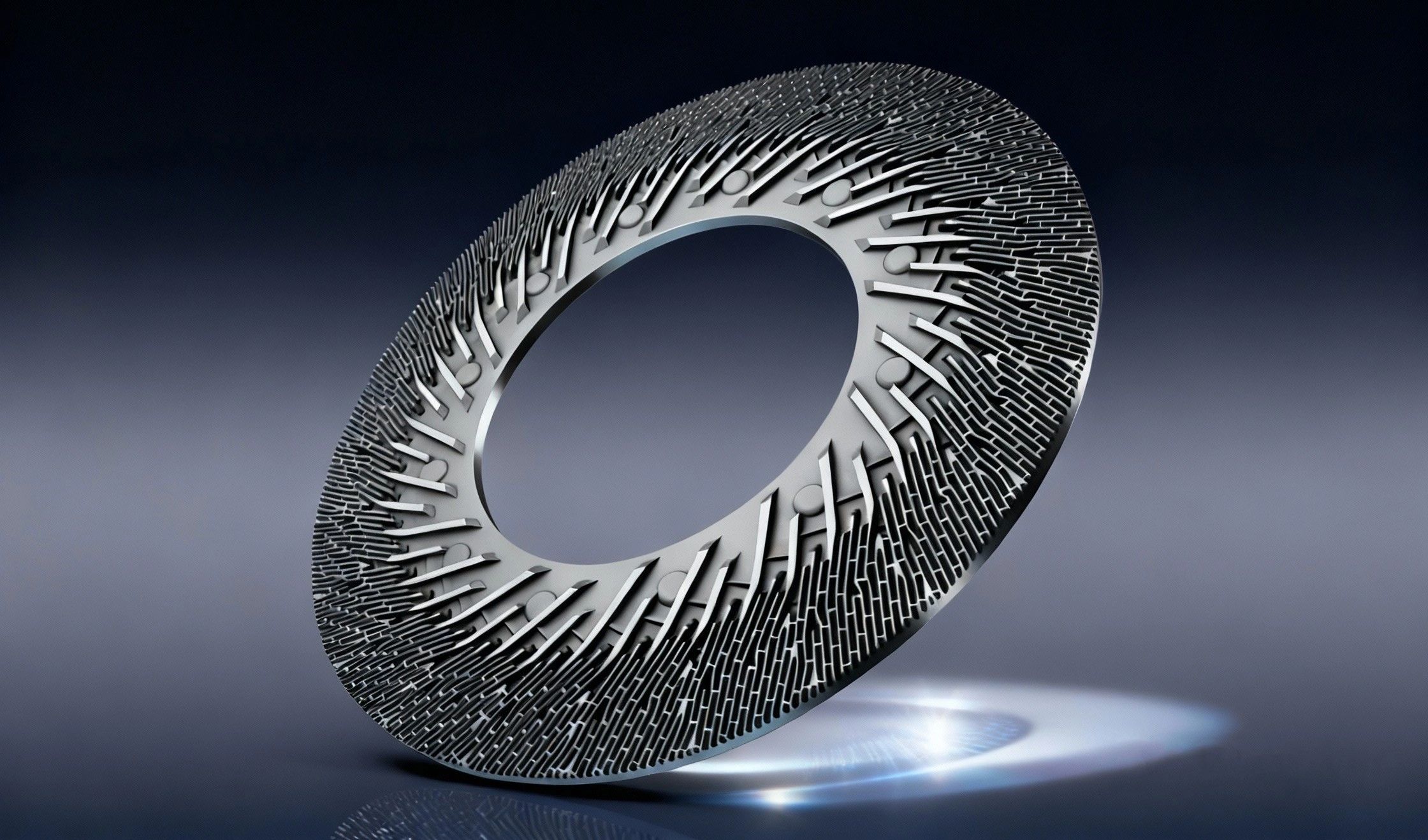 Intricately designed metallic refiner plate with complex geometric patterns.
