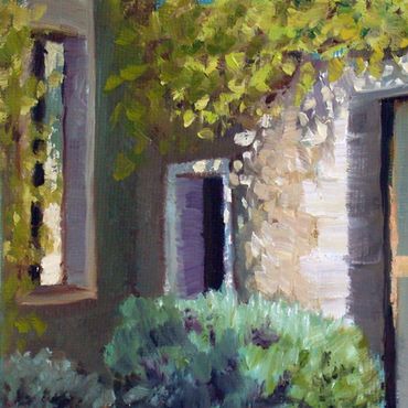 Painting of a sunlit stone house entrance with plants.