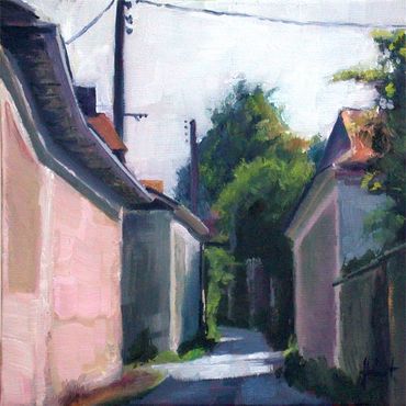 Painted street scene with houses and trees.