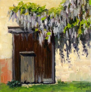 Painting of a wooden door with hanging purple flowers.