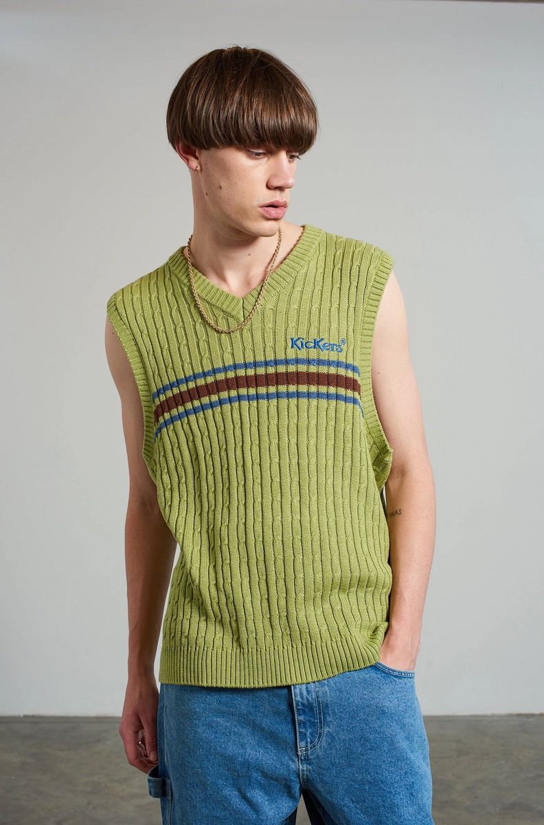 KICKERS GREEN CABLE KNIT VEST W CHEST STRIPES