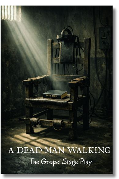 Electric chair with a Bible in a dim prison room, titled 'A Dead Man Walking'.
