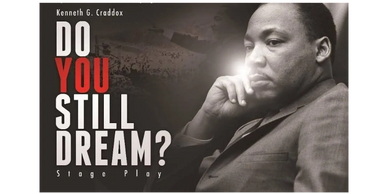 Black-and-white image of Martin Luther King Jr. with text about a stage play.