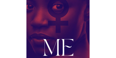 Close-up of a woman's face with a female gender symbol and the word 'ME'.