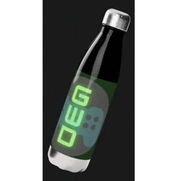 Sleek black water bottle with neon green gaming-themed design on black background.