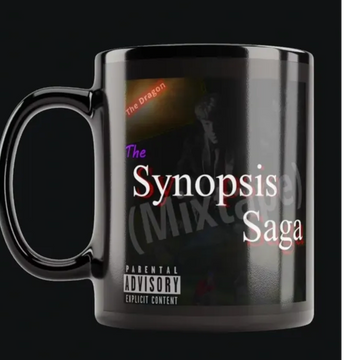 Black mug featuring 'The Synopsis Saga' mixtape cover with parental advisory label.
