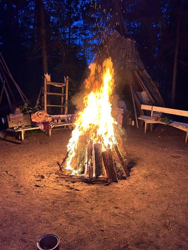 A large campfire burns brightly in a forest campsite at night.
