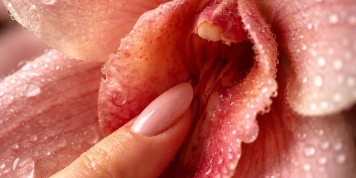 Close-up of a finger touching a dew-covered pink flower petal.