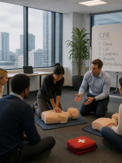 Group learning CPR with instructor guidance.