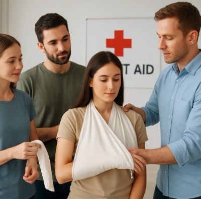 Group learning to apply an arm sling in a first aid class.