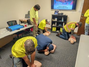 Group practicing CPR on mannequins indoors.