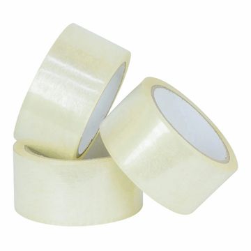Three rolls of clear adhesive packing tape.