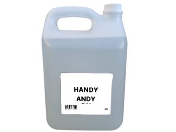 A large plastic container labeled Handy Andy cleaning liquid.