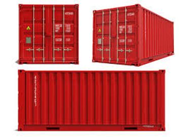 Red shipping container shown from three different angles.