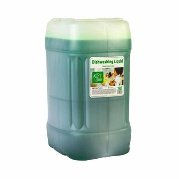 Large container of green dishwashing liquid with label.