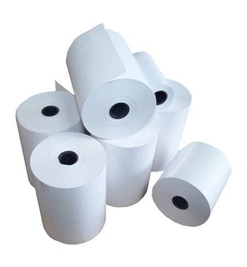 A pile of white thermal paper rolls for receipt printers.