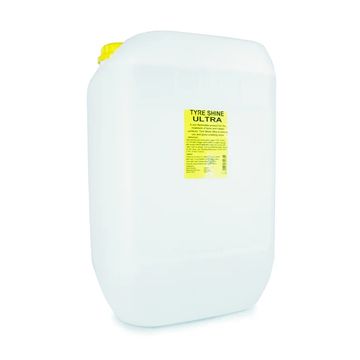 Large white container of Tyre Shine Ultra with yellow label and cap.