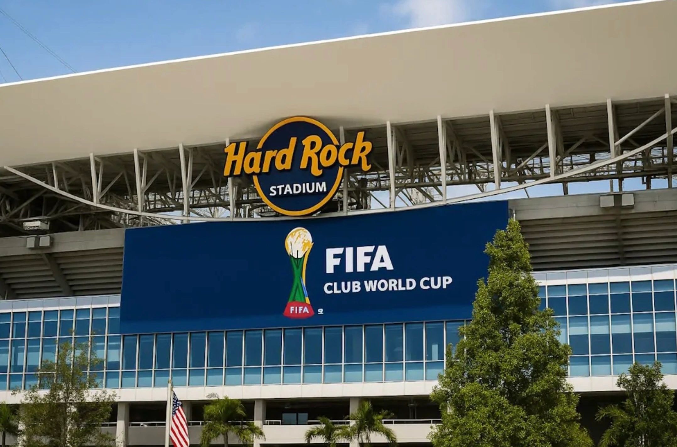 Hard Rock Stadium with FIFA Club World Cup signage on a sunny day.
