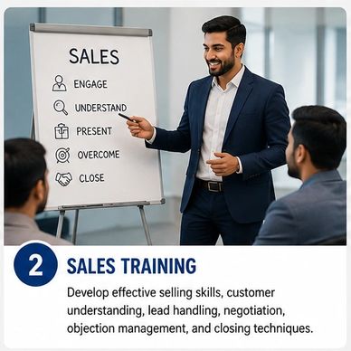 Man conducting sales training with a flip chart.