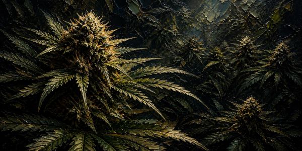 Close-up of dense cannabis buds surrounded by dark green leaves.