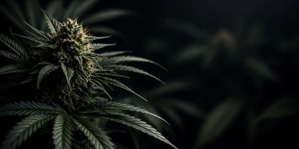 Close-up of a cannabis plant with dark background.
