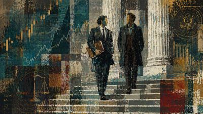 Two businessmen discussing on courthouse steps with financial and legal symbols.