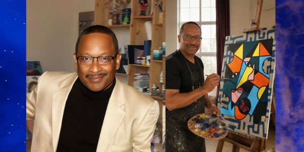 Man posing and painting a colorful abstract portrait.