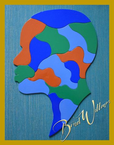 Male minimlist profile portrait using acrylic paint on wood, mounted on grasscolth.