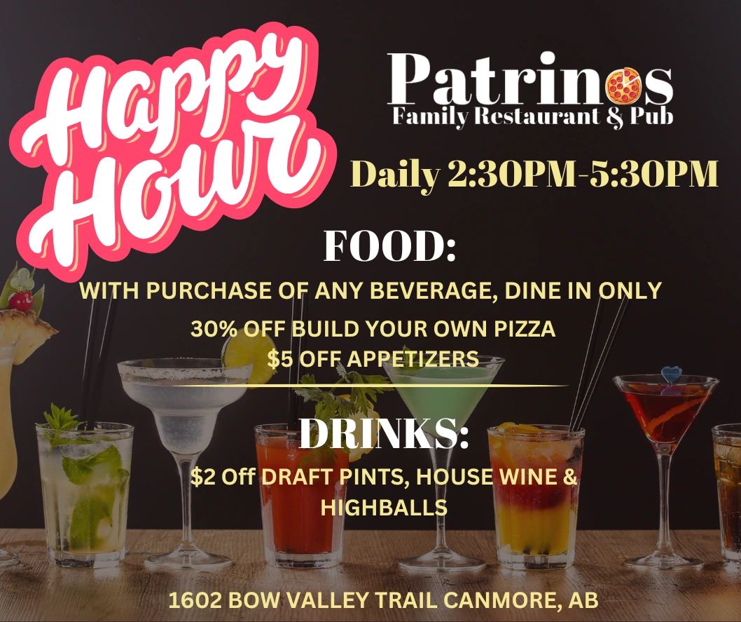 Happy Hour at Patrinos with food and drink discounts daily 2:30-5:30 PM.