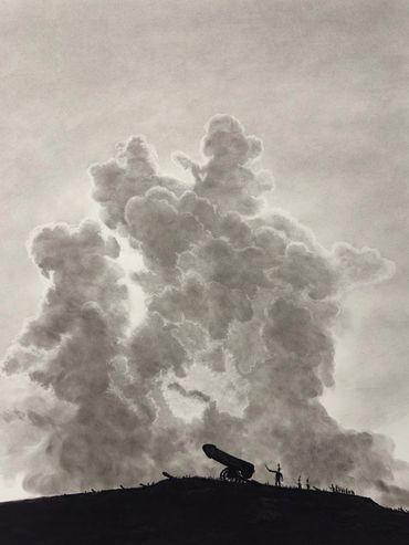 Silhouette of a cannon and soldiers against a massive cloud formation.