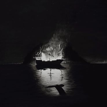 Boat in front of a burning island at night with a whale tail visible.