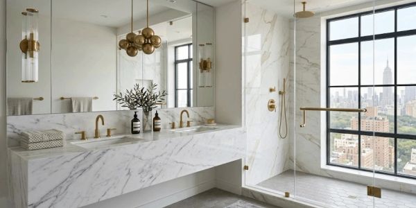Modern bathroom with marble and gold fixtures.