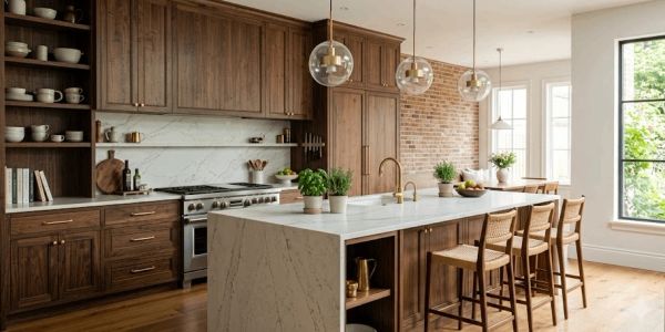 Modern kitchen with wooden cabinets and marble island.