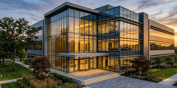 Modern office building with glass walls during sunset.