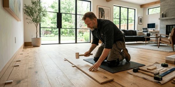 Man installing wooden flooring with a mallet.