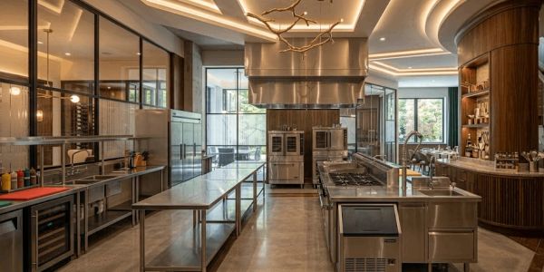 Modern professional kitchen with stainless steel appliances.