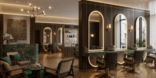 Elegant modern hair salon interior with wooden accents and green marble.