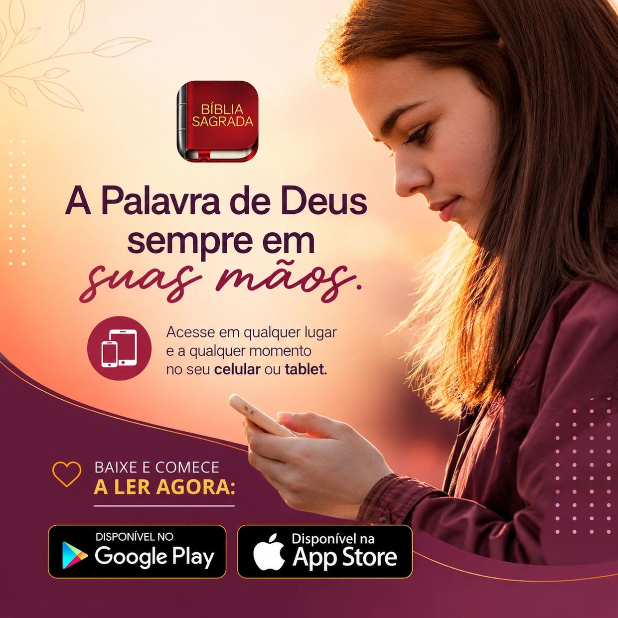 Young woman using a phone to access the Holy Bible app anytime, anywhere.