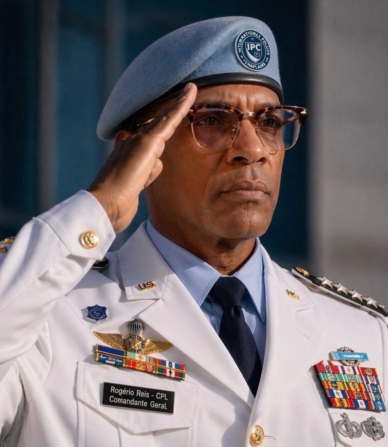 Militar em uniforme branco e boina azul fazendo continência.