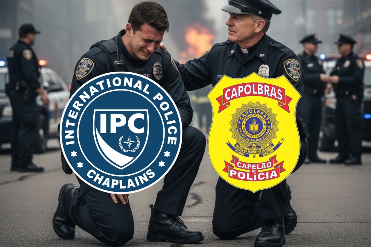 Police officer comforted by chaplain during a crisis scene on the street.