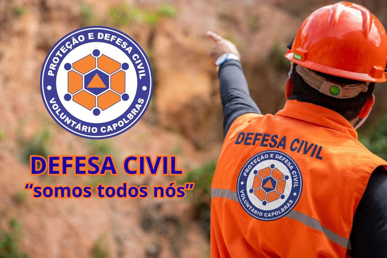 Volunteer civil defense worker in orange gear pointing, with organization logo and slogan in Portuguese.