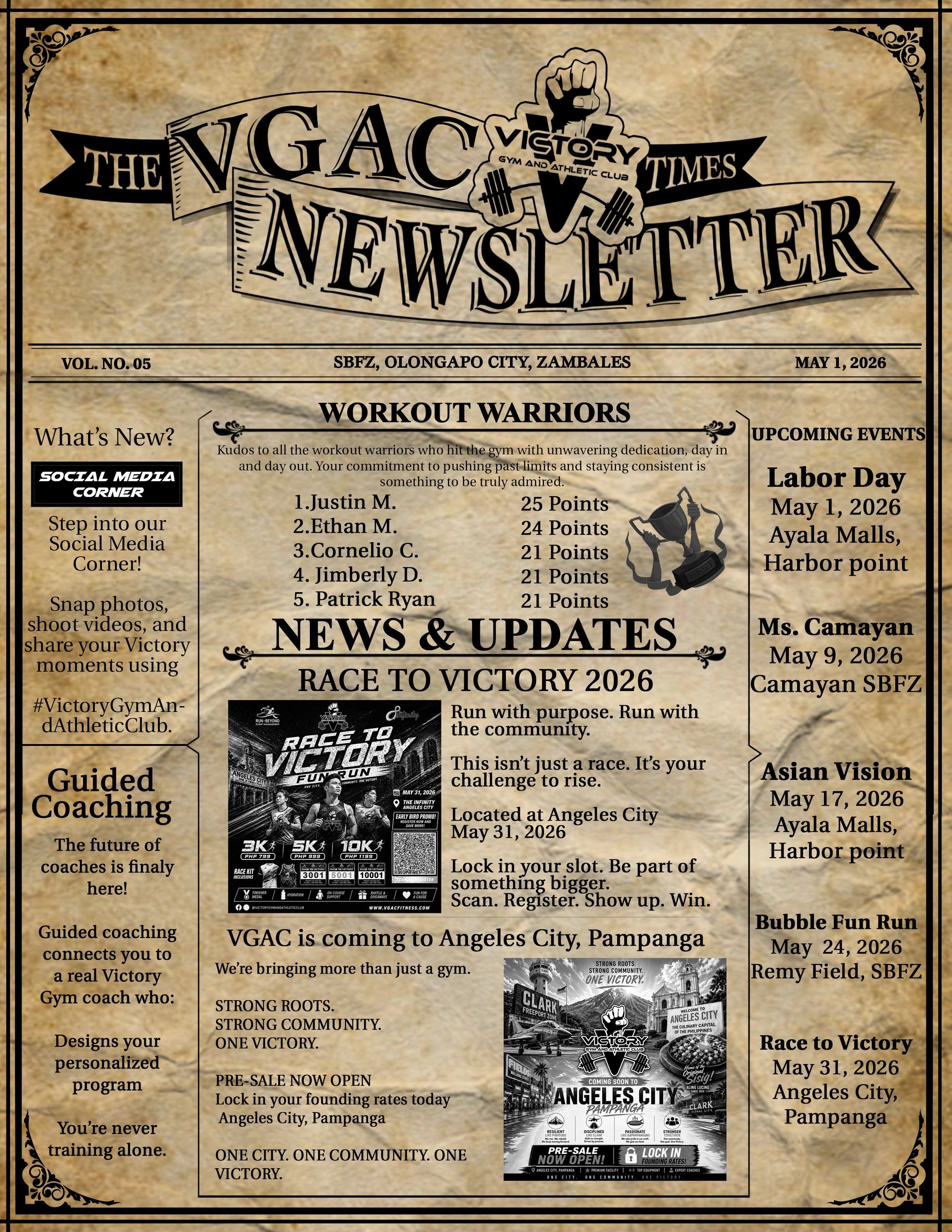 Victory Gym newsletter featuring workout warriors, upcoming events, and community race.