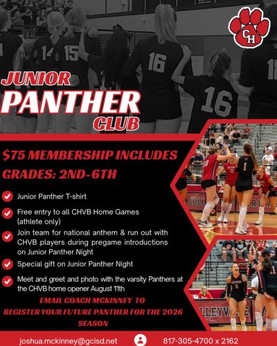 Junior Panther Club membership flyer for grades 2-6 volleyball players.