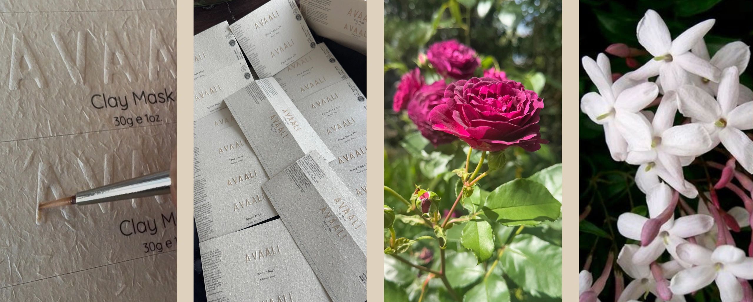 Embossed textured paper with product names and flowers.