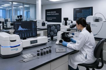 Scientist examines samples under microscope in a modern lab.