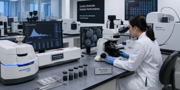 Scientist examines samples under microscope in a modern lab.